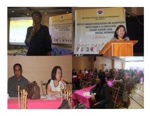 OIC Dir. Ching Condoy (upper left photo) welcomes Family & Executive Court Judges (lower left photo), Court Social Workers, C/MSWDOs, field staff to the FGD with Court Judges & Social Workers re: Legal Adoption processes, updates on recent laws on adoption & issues/queries relative to adoption process. PSB Assistant Bureau Director, Ms. Rosalie Dagulo (upper right photo), served as Resource Speaker of the activity.
